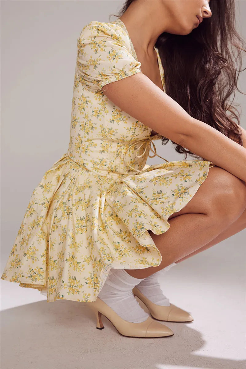Print Mini Dress For Yellow Short Sleeve Deep V Neck A-line Pleated Dress