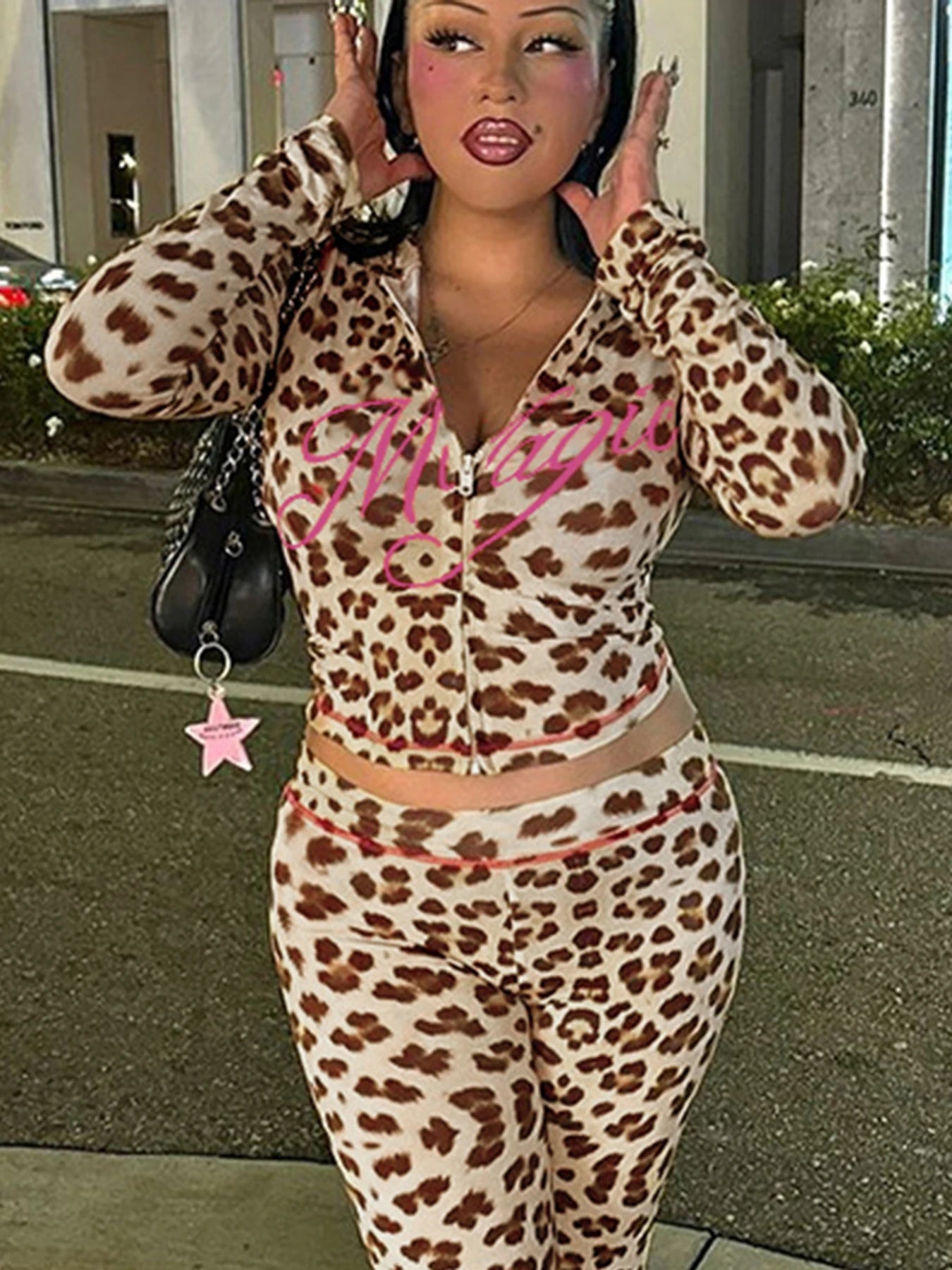 Leopard Print Crop Slim Zip Up Hooded Jackets Long Sleeves Letter 's