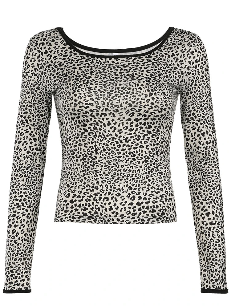 Leopard Tee Shirt Long Sleeve Crewneck
