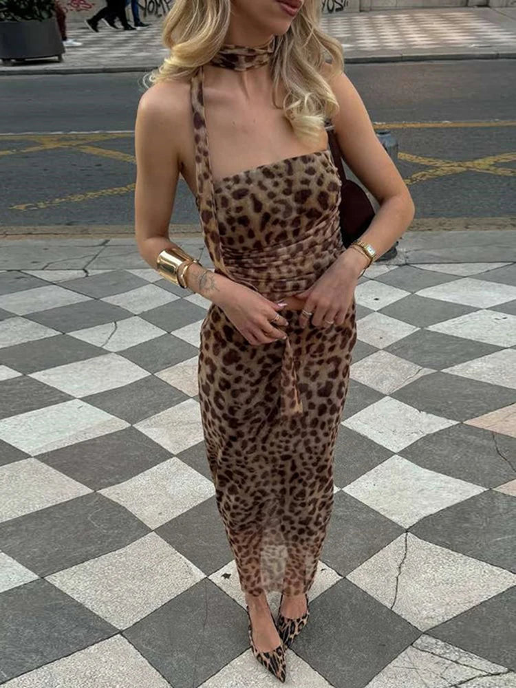 Leopard Print Two Piece Skirt Suit with Strapless Design