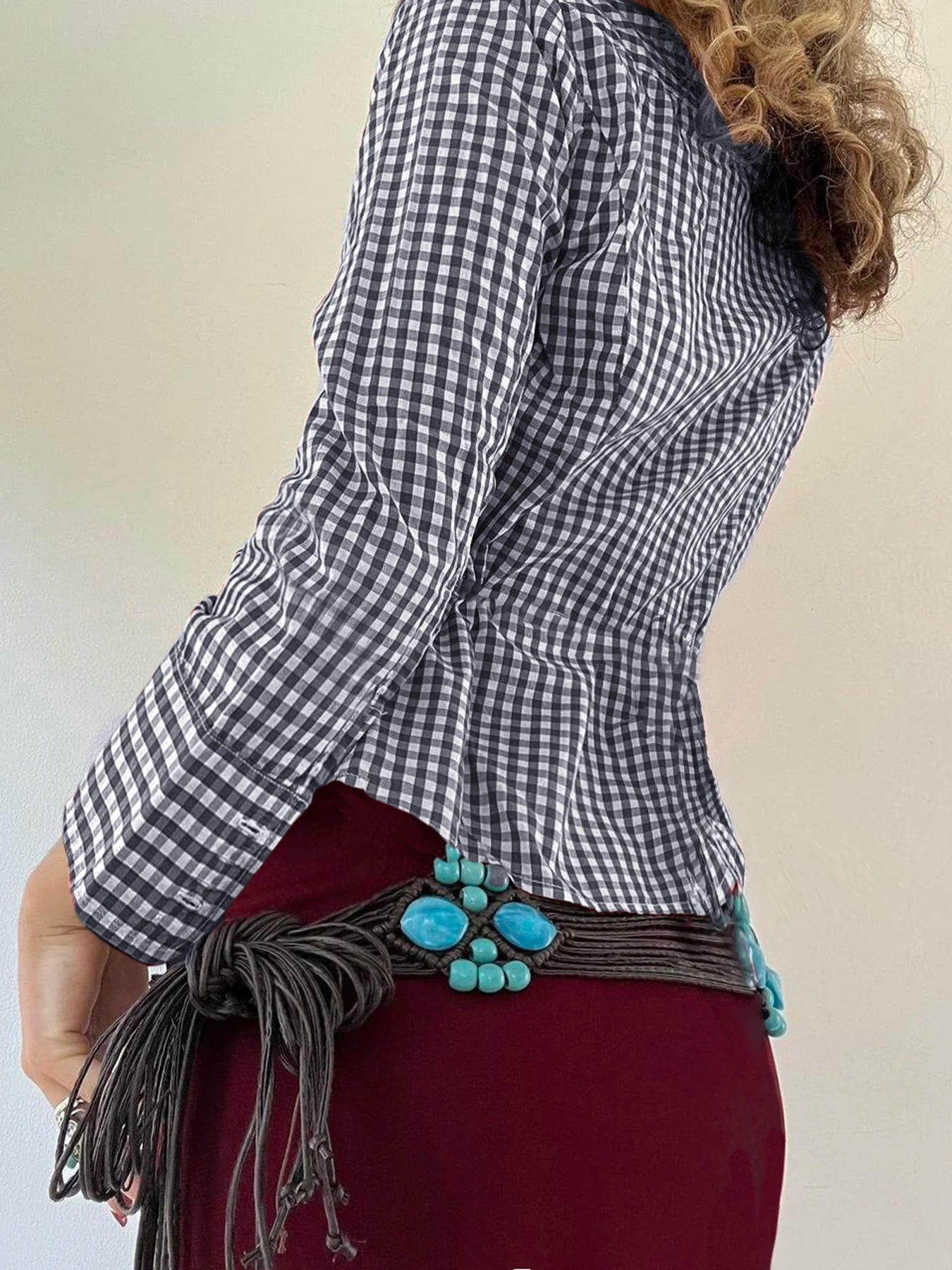 Plaid Button Up Bloue Turn-down Neck Shirt Top