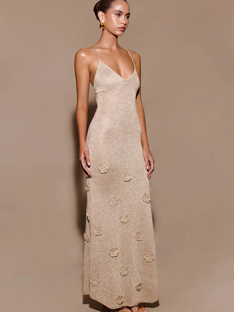 Knitted Backless 3D Flowers Dress Green Spaghetti Strap Long Dress