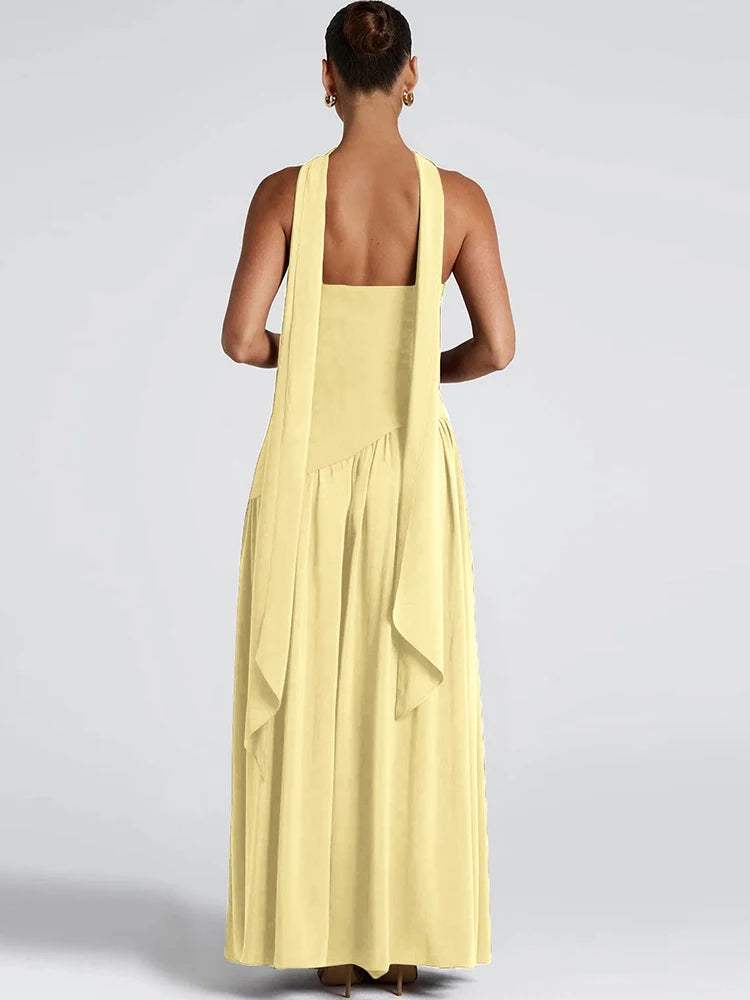 Backless Patchwork Dress Draped Side Slit Ribbon Strapless Sleeveless