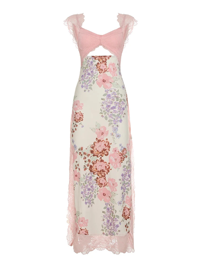 Floral Lace Patchwork Hollow Out Slits Dress Harajuku Long
