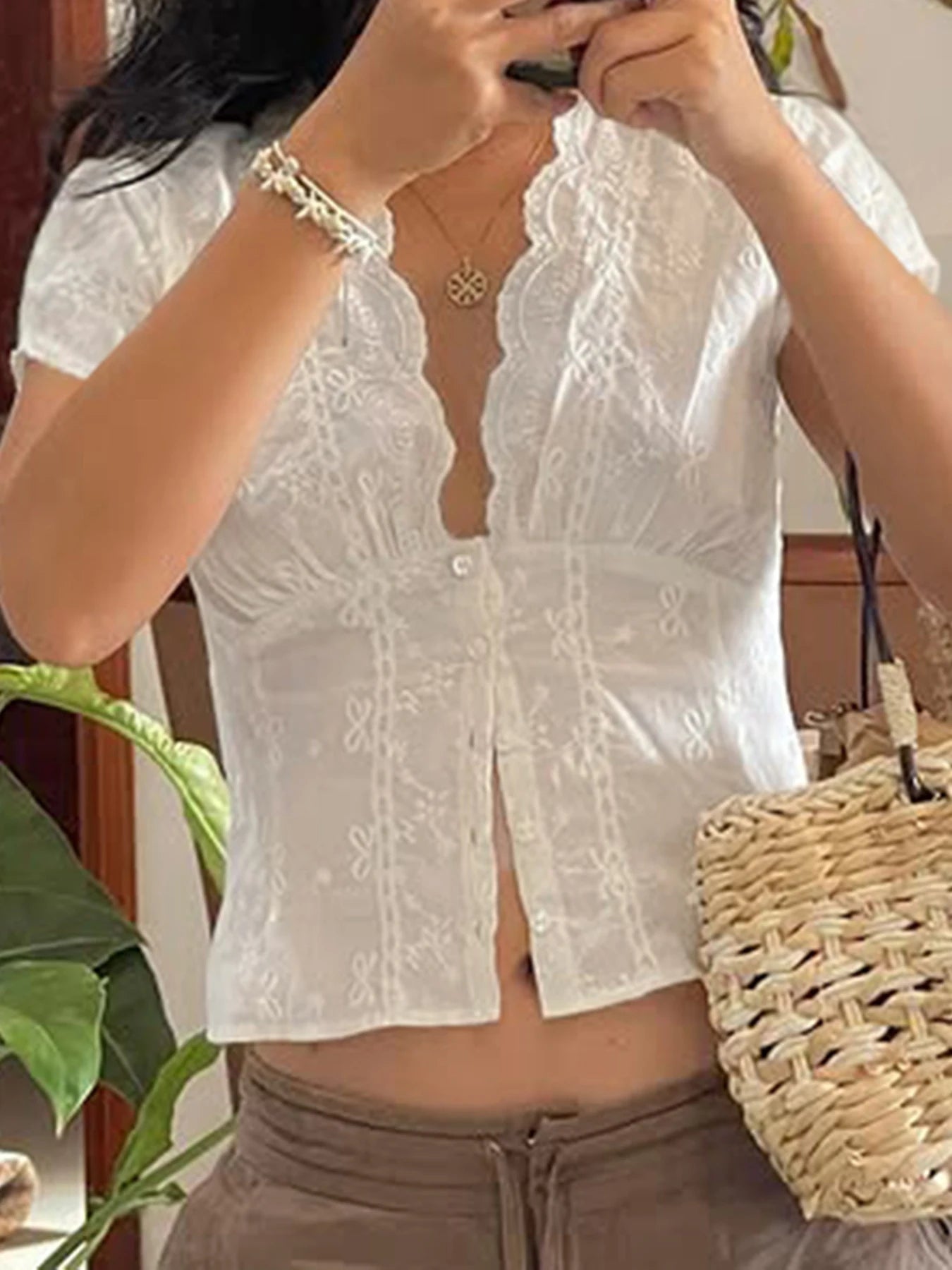 Button Up Blouses Deep V-neck Slim 's Tee Shirts Short Sleeves Crop