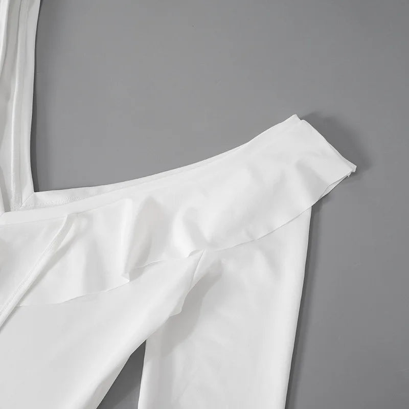 White Deep V Neck Ruffled Dress Long Flare Sleeve Short Dresses Slim