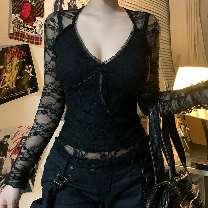 Lace Patchwork Long Sleeves Slim Tee Shirts V-neck Bow Black Top