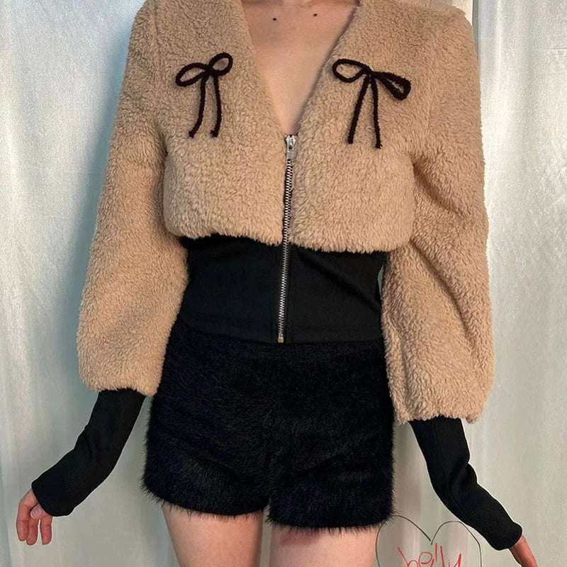 Bow V-Neck Long-Sleeve Jacket Lamb Wool Wait Slimming Top