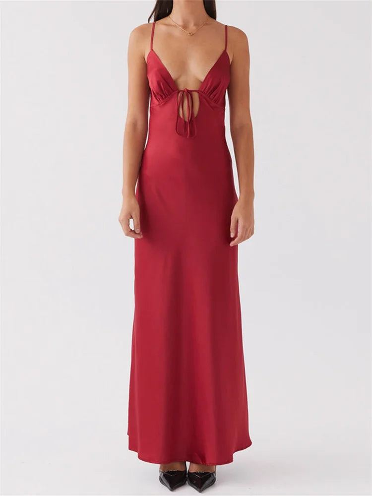 Dress Color Sleeveless Strap V-neck Front Tie-Up Backless Long Dress Slim