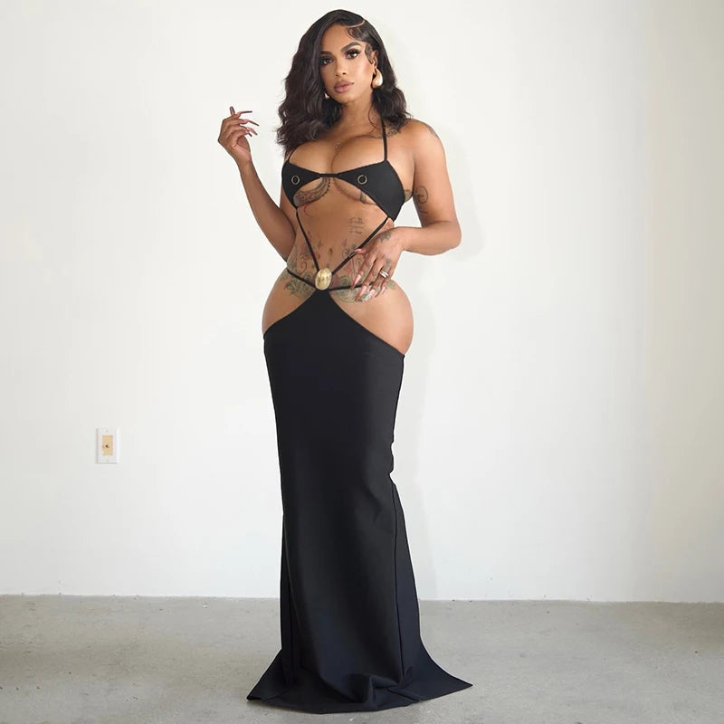 Backless Cro Strap Hollow Out Dress Temperament Long Dress
