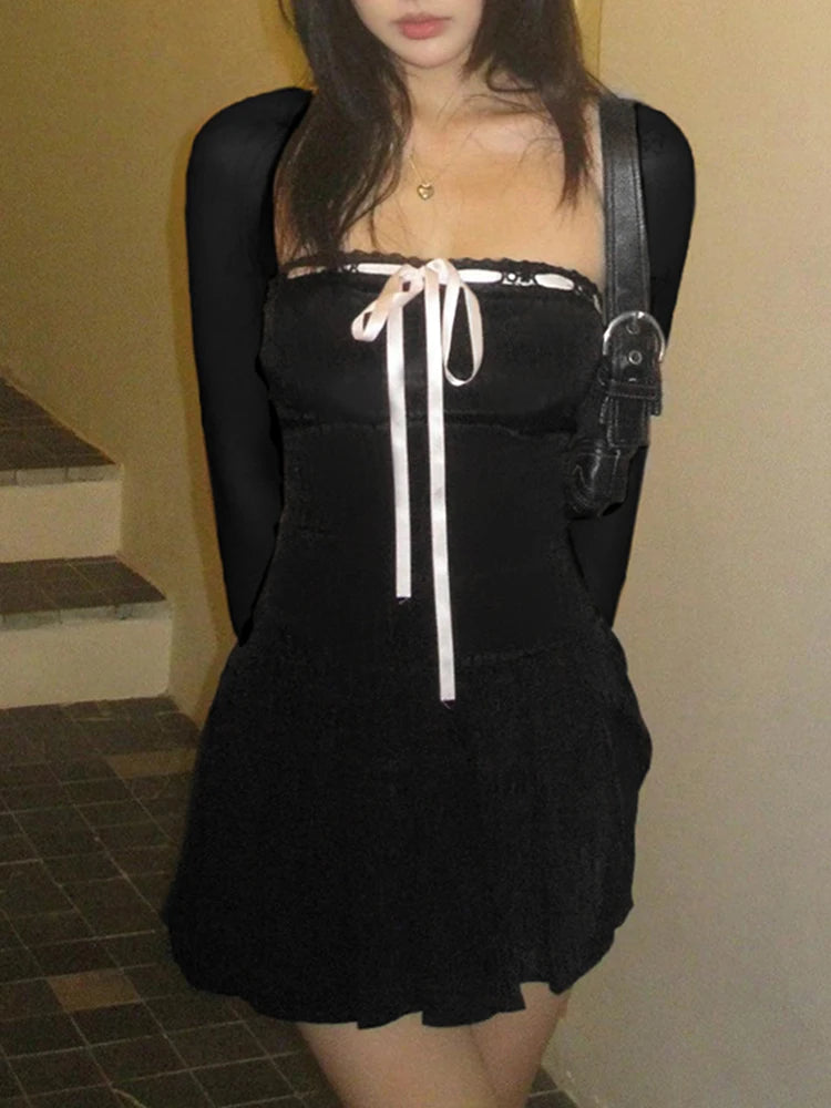 Black Lace Up Square Collar Dresses Balletcore Aesthetic Bodycon Long Sleeve Mini Dress Korean