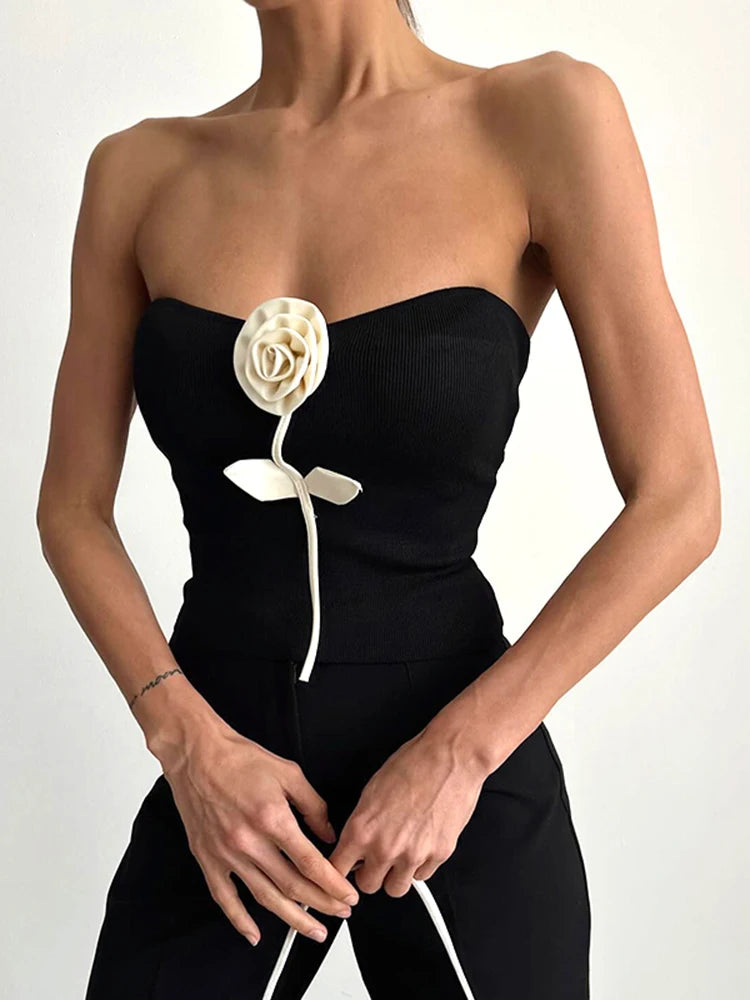 Flower Tube Top Crop Top Slim Solid Sleeveless Cropped Top Slim Strapless