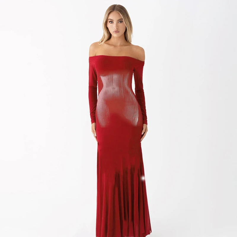 Square Collar Long Sleeve Dress High Waist Abstract Stripe Body Dress Wrap Mermaid Dres