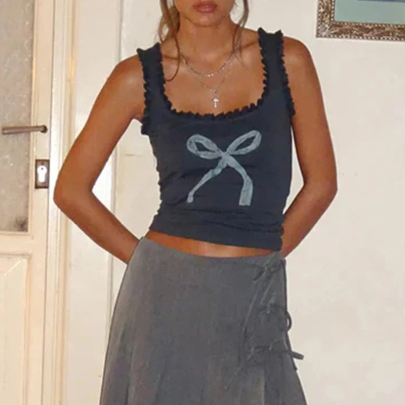 Bow Print sweet Camis Sleeveless Lacework Vests Square Collar Crop Top