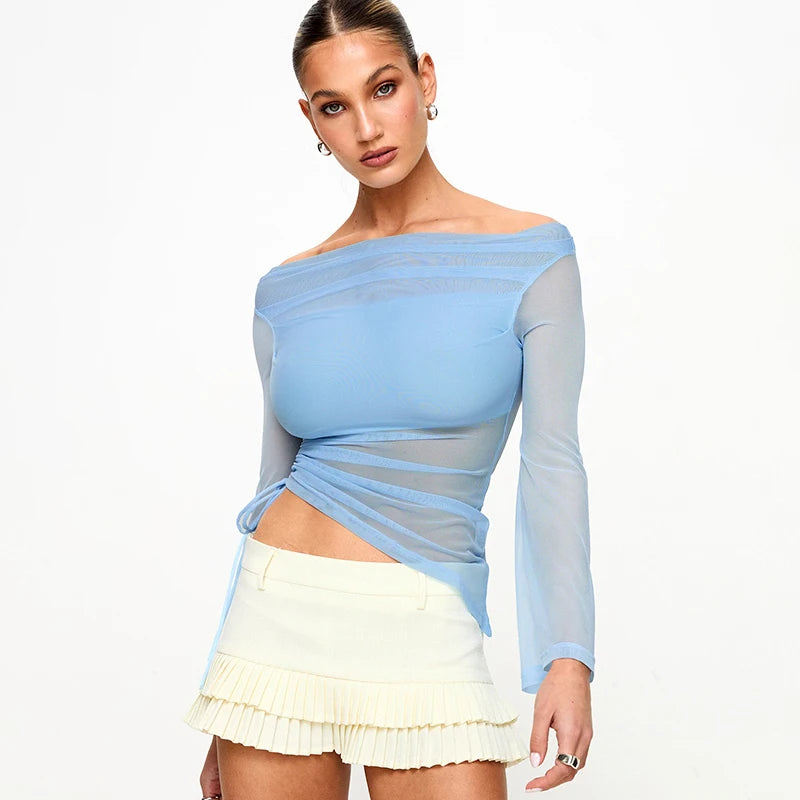 Long-Sleeve One-Shoulder Meh Top See Through Shrunk Pleat T Shirt Caaul