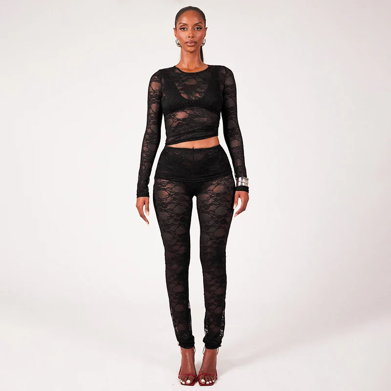 Patchwork Lace See-Through Two-Piece Set Lace Patchwork Long-Sleev Top Slim Pant Set