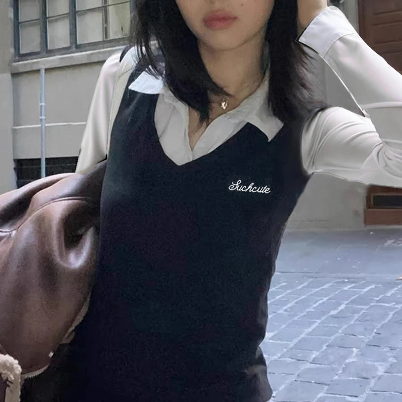 Patchwork Turn-down Neck Tee Shirts Preppy Long Sleeves