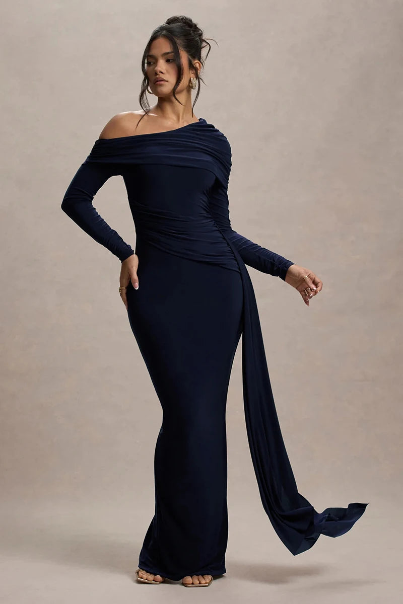 Skew Collar Long Sleeve Maxi Dress Gown Backless Draped Ruched Bodycon Long Dress