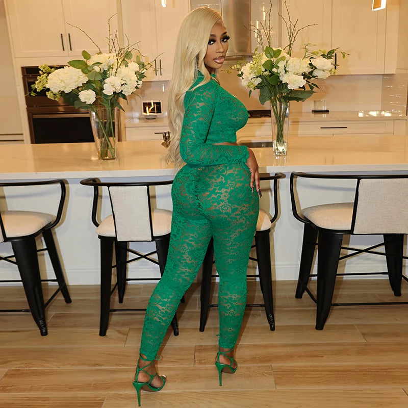 Lace See Through Long-Sleeve Crop Top Pencil Pant Cut Out See-Through Set