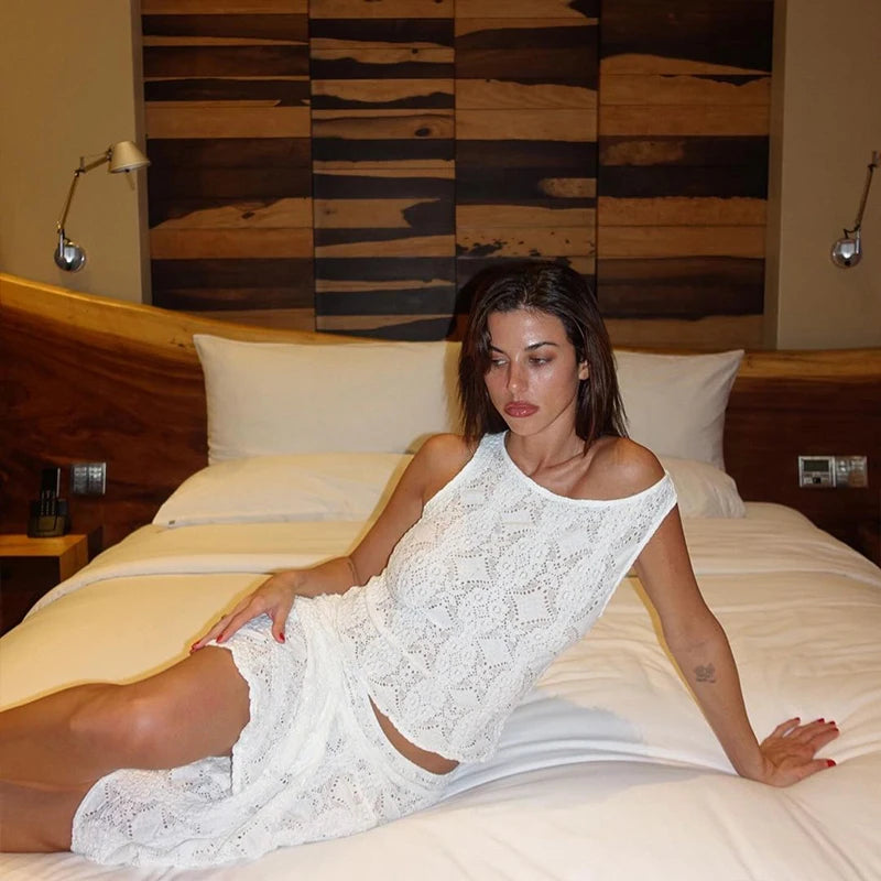 Dress Set Slim Fit Sleeveless Lace Hollow Top with White Skirt Two Piece Set