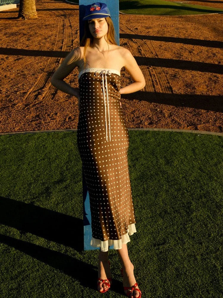 Strapless Polka Dot Dress Coffee Backless Lace Up Dress Femme Slim Evening Dress