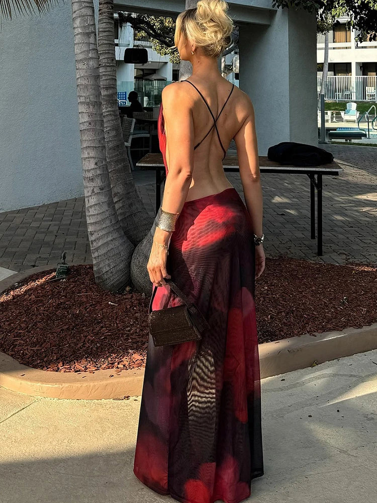 Mesh Panelled Maxi Dress Thin Sheer High Split Halter V-neck Backless Straight Long Robe Wear