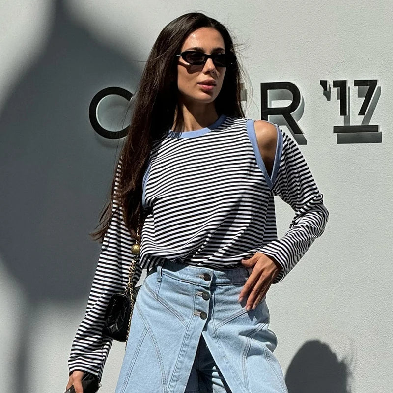Strip Contrast Off-Shoulder Long Sleeve Top