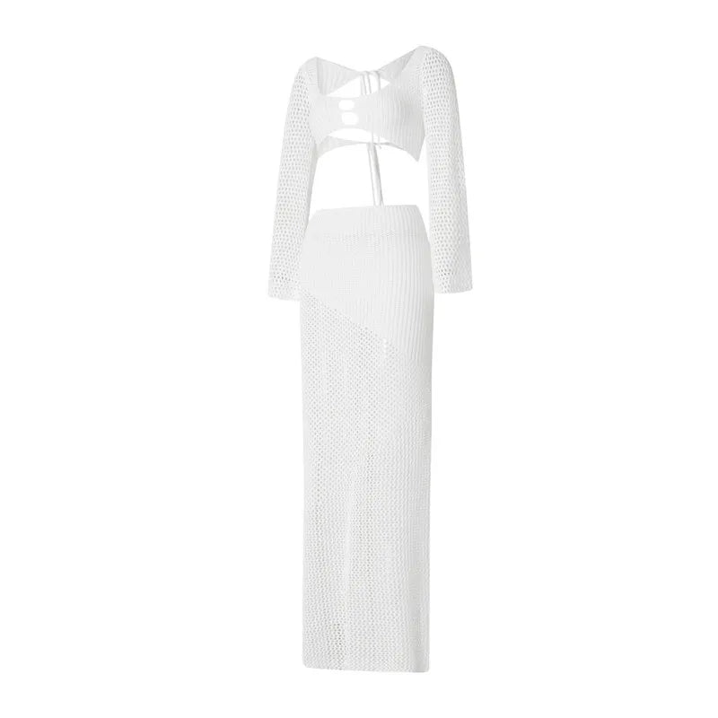 Crochet Knit 2 Piece Skirt Set Hollow Out Crop Top Long Sleeve Backless Tie Up Bodycon Dress