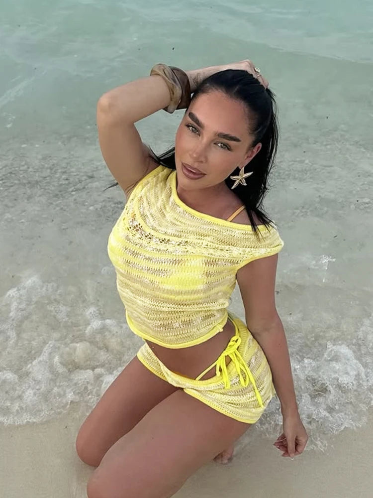 Crochet Two Piece Set Thin Hollow Tank Top Shorts Stretch Matching