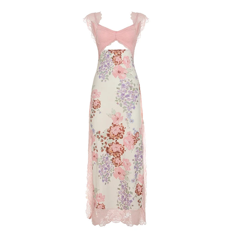 Floral Lace Patchwork Hollow Out Slits Dress Harajuku Long