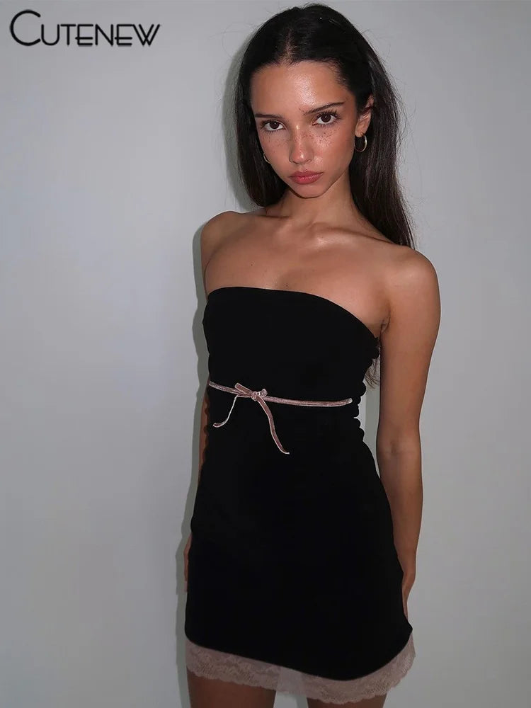 Black Lace Patchwork Mini Dress Shiny Wrapped Chest Body-shaping