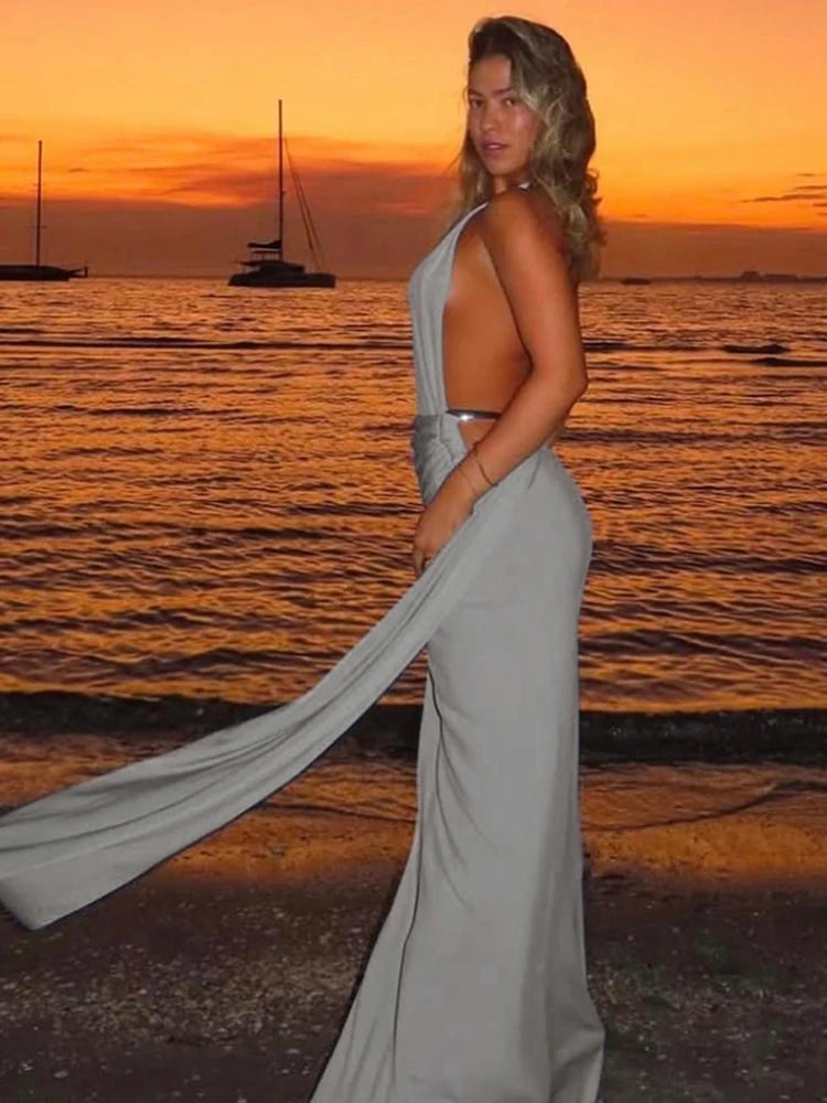 Concise Incline Shoulder Ribbons Backless Sheath Maxi