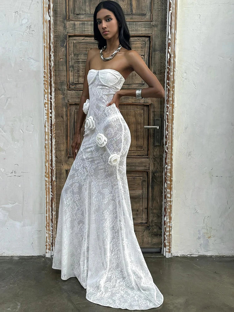 Strapless Transparent Lace Flowers Maxi Dress Backless Evening Dress