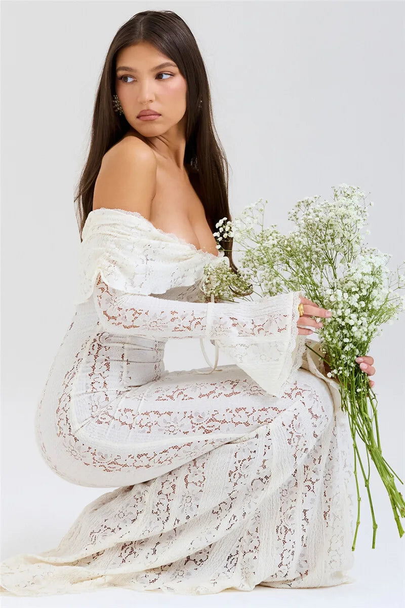 Lace Off-shoulder Maxi Dress Strapless Backless Long Sleeve Bodycon Evening Long Dress
