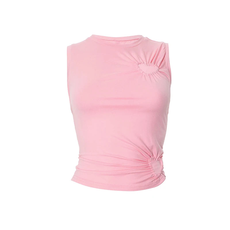 'S Color Irregular Pleated Waisted Loving Hollow Out Round Neck Vest tie Girls heart