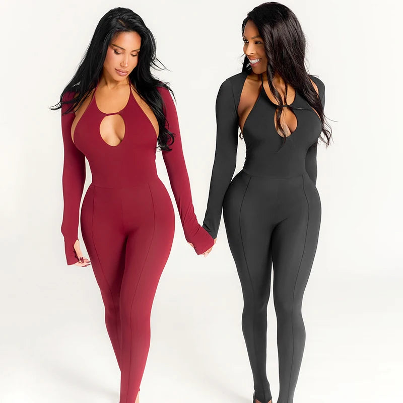 Set Tie Hanging Neck Hollow Out Trend Jumpuit Long-Sleev Short Jacket Set