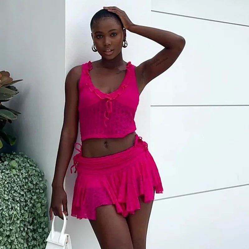 Pink See Through Top and Mini Skirt Set