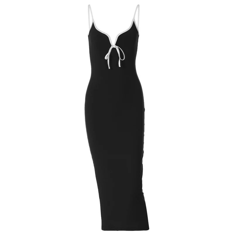 Black V Neck Lace Up Slit Slim Maxi Dress