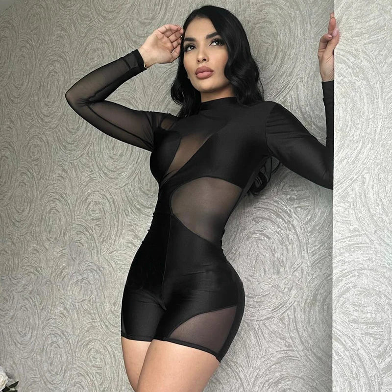See Through Meh Patchwork Black Playuit O-Neck Long Sleeve Ruch Skinny Caaul Romper