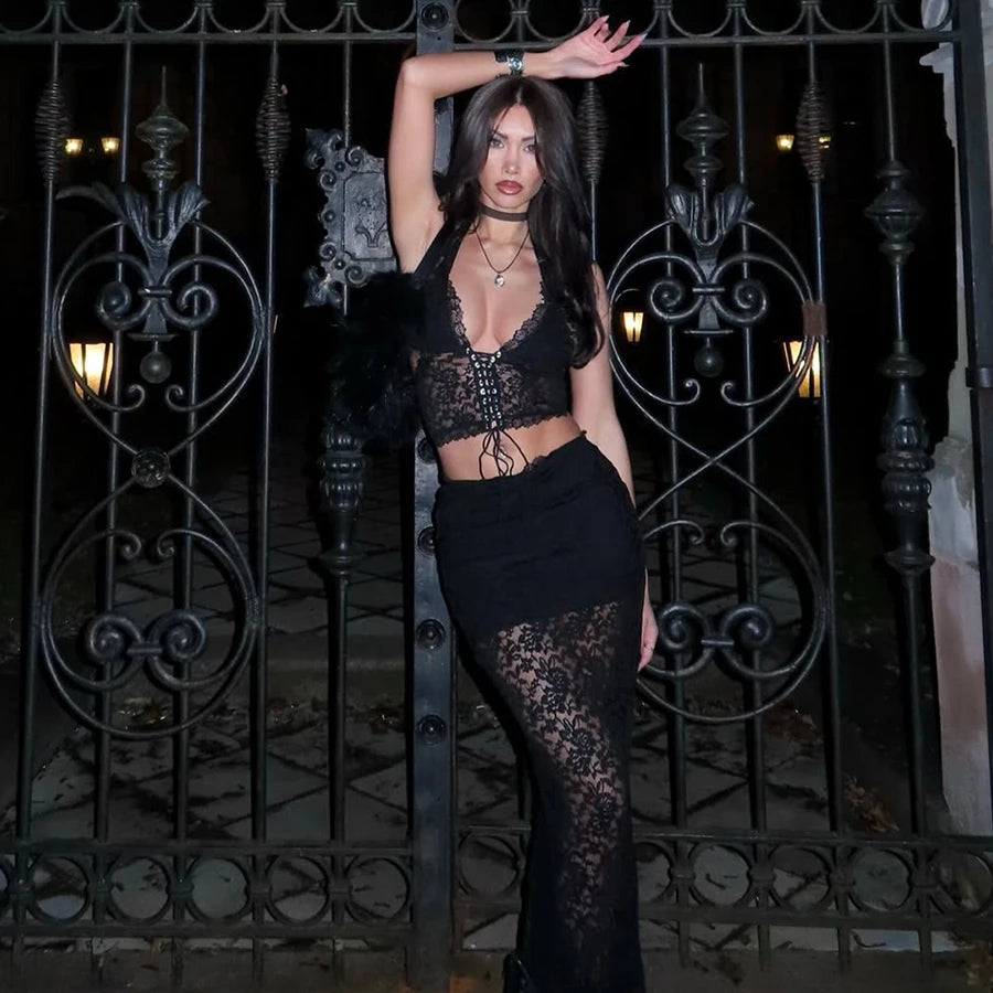 See Therough 2-Piece Set Halter Backless V-Neck Lace-Up Camisole Top Lace Skirts Midnight Suits