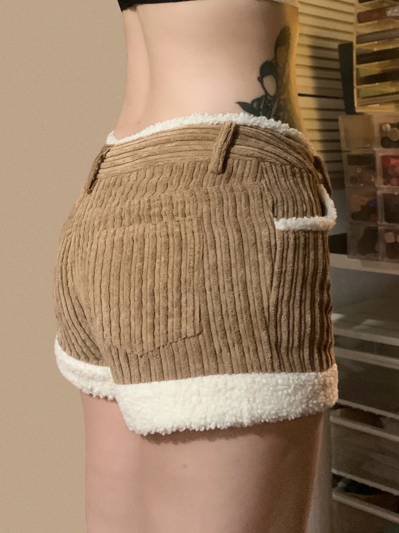 Retro Corduroy 's Shorts Knitted s Low Waisted Fur Patchwork Shorts