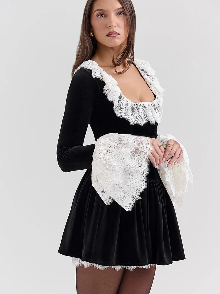 Patchwork Square Collar Lace Dress Black Flare Sleeve French Dress Slim