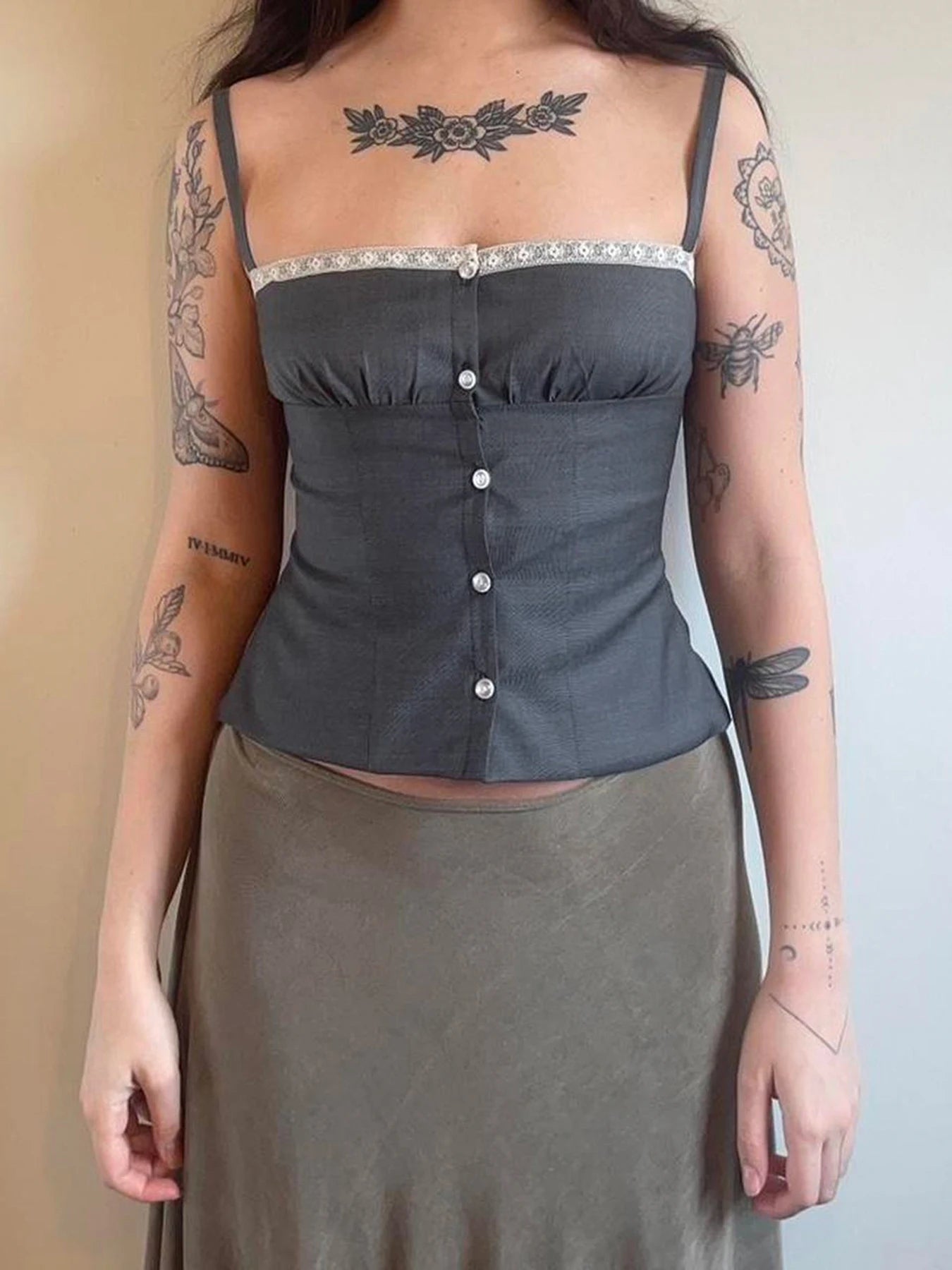 Lace Button Ruffled Slim Camisole Sleeveless Bustiers