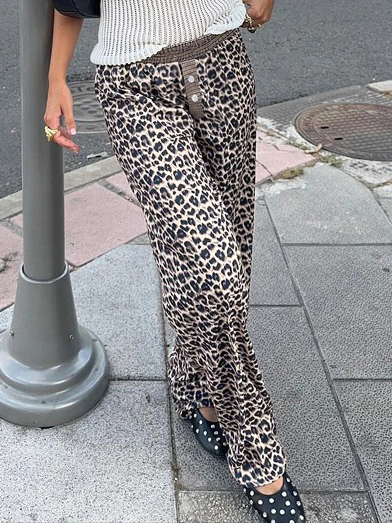 Leopard Patchwork Straight Pant Elatic Wait Trouer Baggy Bottom