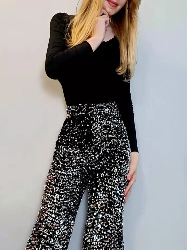 The Trendy Sparkling Gold Pants Relaxation of Tall Waist Wide-legged Pants South Korean