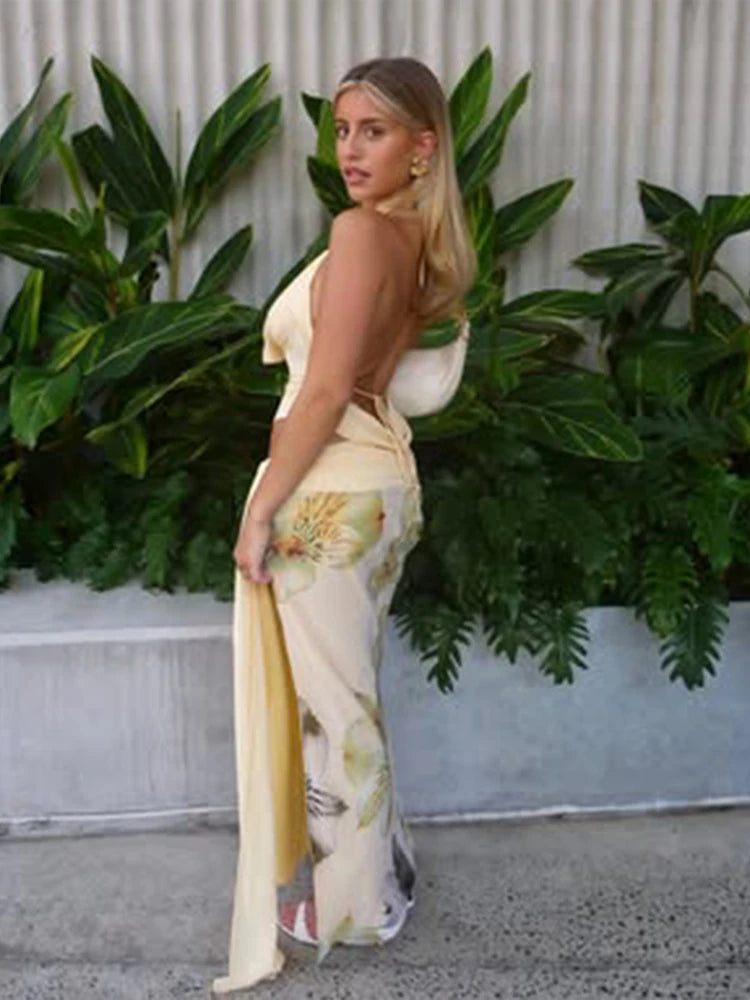 3 Piece Set Stack Halter Top Split Tassel Tassel Flowers Mesh Skirts Matching