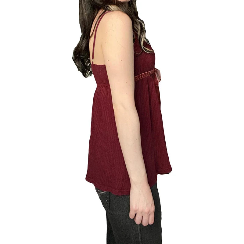 Bow Lace Camisoles Backless Red Top Sleeveless Buttons 's