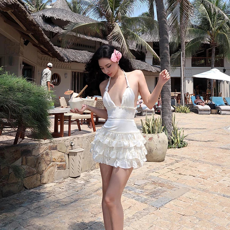 V-neck Dress Charming Backless Handling Neck Dress Swimming Pool Mini Dress
