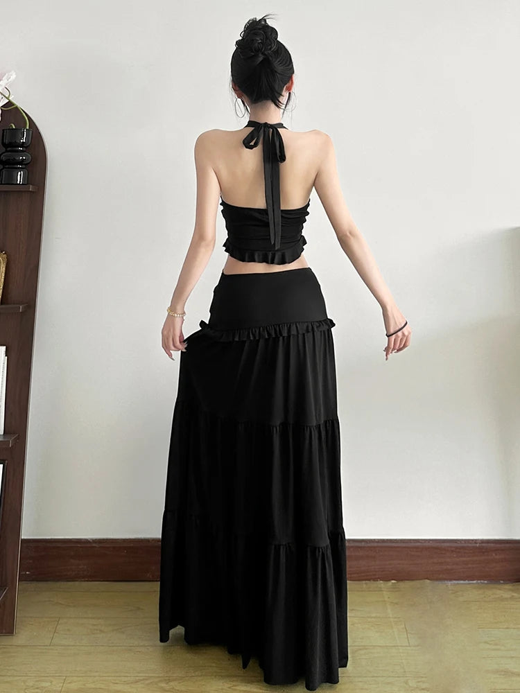 Two Piece Set Halter Backless Crop Camisole Waist Ruffles Long Skirt Ruched Street Suits