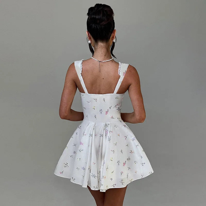 Sleeveless Deep V Backless Pleated Dress Hip Skirt Bodycon Slim Fit Printed Lace Dress